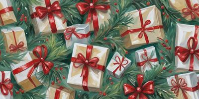 The primary subject of the image is a group of wrapped presents, which are the main objects in the scene. The presents are placed on a green background, which adds a natural touch to the overall atmosphere. The visual style of the image is a painting, which gives it a more artistic and detailed appearance. The colors in the painting are predominantly red and white, which create a warm and festive mood.